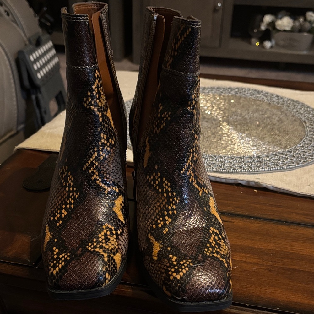 Franco Sarto Brown Snake Print Ankle Boots